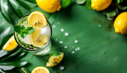 Refreshing lemon and herb-infused water on vibrant green backdrop, perfect for summer vacations and travel inspirations