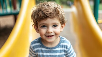 A joyful child smiles on a colorful playground slide, capturing the essence of childhood fun and adventure in a bright, outdoor setting.