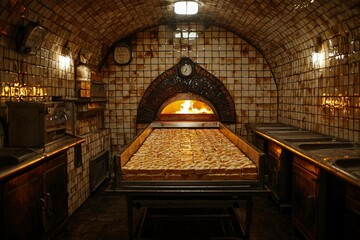 Wall Mural - A Baking Tray of Bread in a Brick Oven Bakery Kitchen