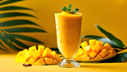 Tropical Mango Slushie in Tall Glass Against Bright Yellow Background for Summer Vibes and Travel Inspiration