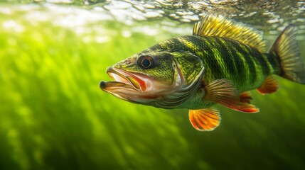 Wall Mural - A large freshwater perch swims partially submerged, its colorful scales glistening in the sunlight while surrounded by lush green aquatic plants