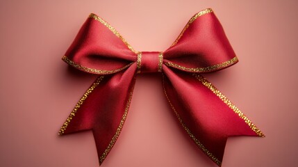 A vibrant red ribbon is tied into a neat bow, adorned with gold accents, creating an elegant touch against a smooth, understated backdrop. Perfect for festive decorations