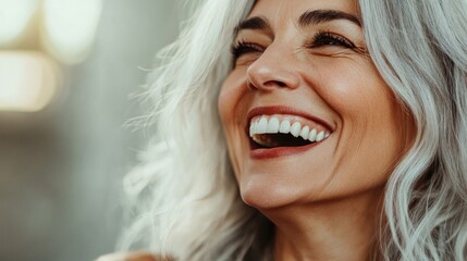 Wall Mural - A beautiful woman with grey hair laughs heartily, radiating joy and positivity while enjoying a moment of happiness in a soft, natural environment