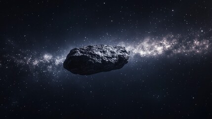 Canvas Print - Lonely Asteroid: A single, rugged asteroid floating through the dark expanse of space, illuminated by distant starlight with generative ai