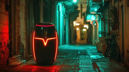 Sticker - Futuristic Garbage Bin in Neon Lit Alleyway