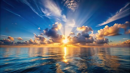 Wall Mural - Scenic view of rising sun above calm ocean with blue sky and white clouds