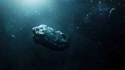 Wall Mural - Lonely Asteroid: A single, rugged asteroid floating through the dark expanse of space, illuminated by distant starlight with generative ai