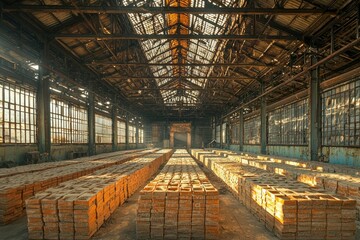 Stacks of Bricks in a Sunlit Abandoned Industrial Building