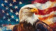 © Tcukimay - A close-up oil painting of a bald eagle with a sharp gaze looking towards the right side of the painting, with the American flag behind it.