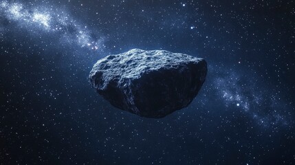 Wall Mural - Lonely Asteroid: A single, rugged asteroid floating through the dark expanse of space, illuminated by distant starlight with generative ai