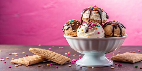 Scoops of sundae ice cream in glass bowl with chocolate sauce, sprinkles, and cookies on pink background