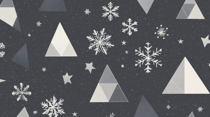 Wall Mural - A simple gray background with a modern, geometric design. Triangles create a festive pattern, decorated with snowflakes, perfect for a New Year's celebration.