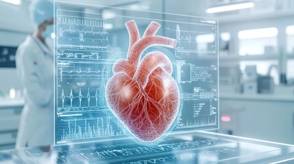 D Human Heart Model with EKG on Medical Monitor