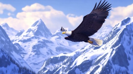 Canvas Print - Bald Eagle Soaring Over Snowy Mountain Peaks