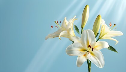 Elegant white lily in a sleek vase illuminated by soft light against a serene blue background, embodying minimalistic Easter beauty and perfect for various design applications