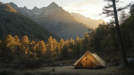 a tourist camp is set up in the mountains at sunset, featuring a tent illuminated by the warm glow o