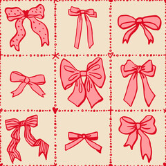 Wall Mural - Seamless Christmas pattern with various bow knots, gift ribbons. Trendy hair braiding accessory. Hand drawn vector illustration. Holiday background, wrapping paper.