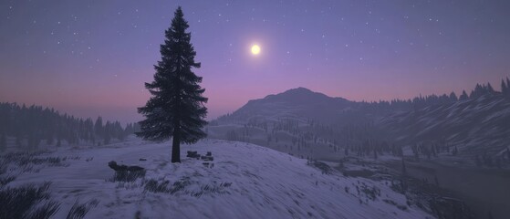 Wall Mural - A Single Pine Tree Stands Alone on a Snowy Mountainside Under a Starry Sky