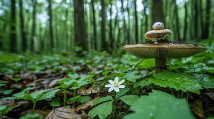 Canvas Print - Woodland Mushroom with White Flower in Lush Forest