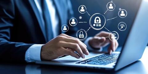 Poster - Contact us or Customer support hotline people connect. Businessman using a laptop and touching on virtual screen contact icons ( email, address, live chat, internet wifi