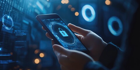 Leinwandbilder - Cybersecurity and privacy concepts to protect data. Lock icon and internet network security technology. Businessman protecting personal data on smart phone with virtual s