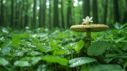 Poster - White Flower on a Mushroom in a Green Forest