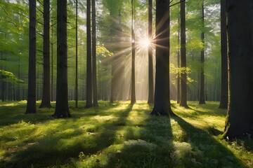 Silent Forest in spring with beautiful bright sun rays Generative AI

