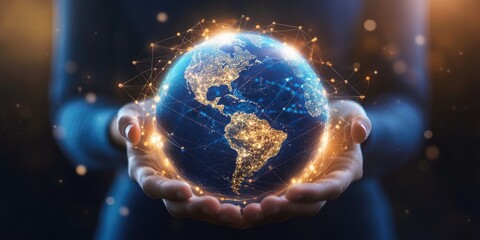 Poster - global network connections, innovative technology in science and communication concept, Earth in human hands. earth day. energy saving
