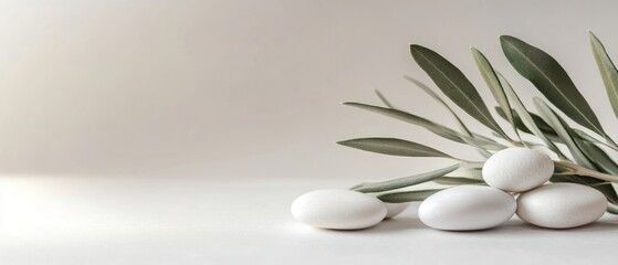 Wall Mural - White Stones and Olive Branch on a White Surface