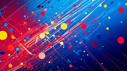 This design features a blue and red background with colorful lines and dots. It's a bright and eye-catching illustration perfect for advertisements, posters, or banners.