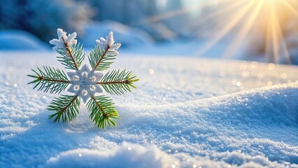 Wall Mural - Serene winter scene with snow covered ground, pine branches, snowflake