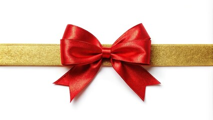 Wall Mural - Shiny gold ribbon with red bow on white background