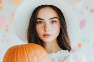 brunette woman with green eyes facing forward with long bob haircut wearing white dress and white pointy witch hat close up holding a pumpkin