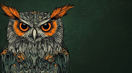 Intricate Stylized Owl with Orange Feathers on Forest Green Background, Featuring Detailed Artistic Patterns and Decorative Design for Nature and Wildlife Enthusiasts