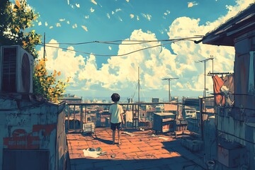 Boy looking at cityscape and blue sky from rooftop balcony.  Anime and digital art style illustration