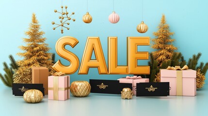 Vibrant holiday sale scene featuring golden decorations, wrapped gifts, and festive trees against a blue background.