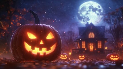 Sticker - Illuminated Jack o  Lantern with Haunted House and Full Moon for Halloween