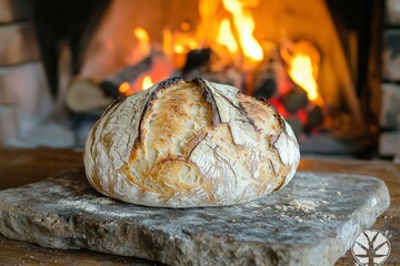 Wall Mural - A Freshly Baked Loaf of Bread on a Stone Slab in Front of a Fireplace