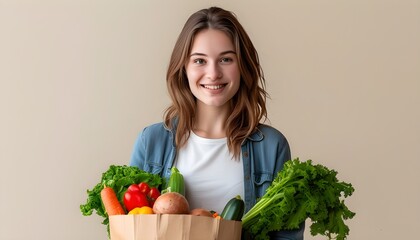 Cheerful young woman holding a bag of fresh vegetables, showcasing a vibrant lifestyle and love for vegetarianism against a soft pastel backdrop