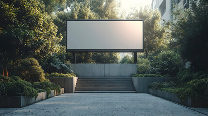 Poster - A blank billboard surrounded by greenery and concrete steps in a serene outdoor setting.