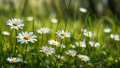 Blooming wild daisies and chamomiles in a sunlit green meadow, capturing the essence of spring and summers vibrant nature scene.