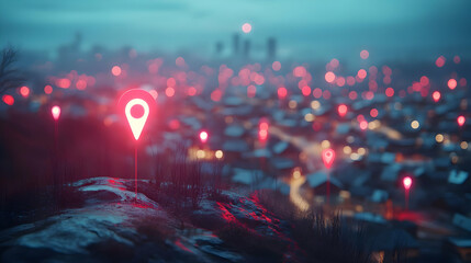 Wall Mural - A blurred cityscape at dusk with glowing location markers highlighting points of interest.