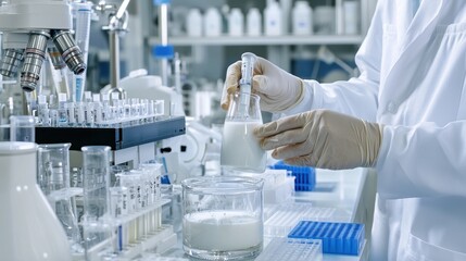 Poster - Scientist in Lab Coat Pouring Liquid into Beaker  Medical Research  Experiment  Chemistry  Lab Equipment   Microscope  Test Tubes  Gloves