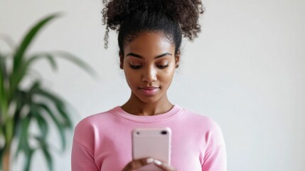 Woman using a gamified fitness app with a bright and playful user interface to stay motivated and engaged in her exercise routine