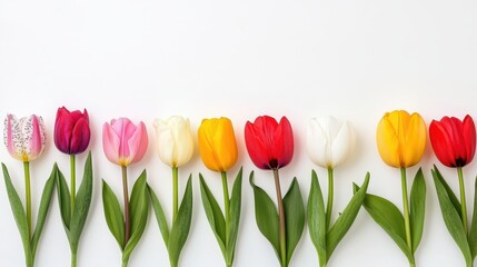 Poster - Colorful Tulips Row  Spring Flowers White Background  Floral Design  Nature Close Up