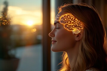 Wall Mural - Brainwave synchronization electrophysiology and neuropharmacology side profile of a woman with glowing brain activity representing cognitive focus and innovative thinking