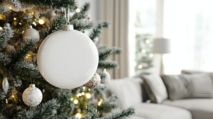 blank. flat round ceramic christmas ornament hanging from a fully decorated christmas tree in a beautiful living room.