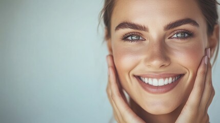 Wall Mural - A woman with radiant skin smiles warmly, lightly touching her face with both hands, exuding confidence and beauty in a softly lit environment