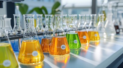 Poster - Colorful Chemical Solutions in Glass Flasks in a Lab