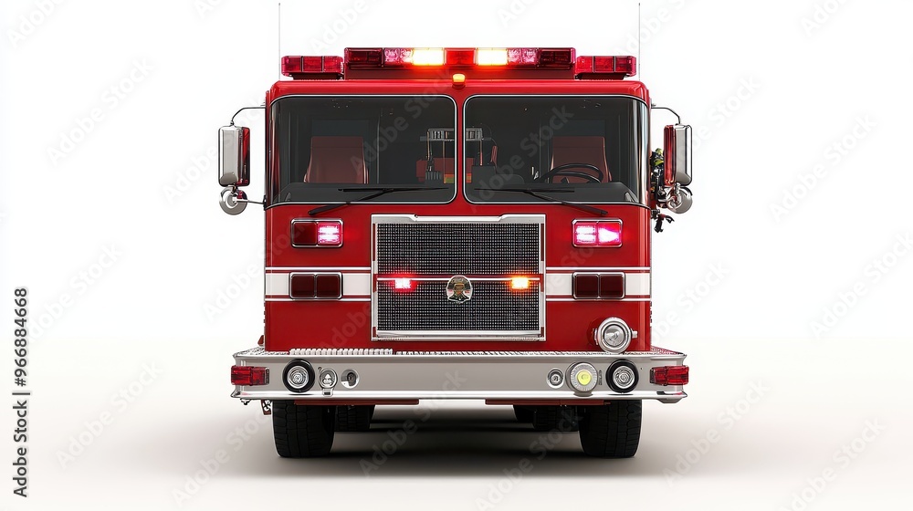 Red Fire Truck Front View with Lights On Isolated on White Background ...